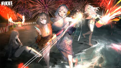 &gt;_&lt; &gt;o&lt; 4girls aerial_fireworks alternate_costume anis_(nikke) bare_legs barefoot beach black_kimono breasts brown_hair cleavage closed_eyes closed_mouth commentary drink english_commentary festival fireworks footprints full_body glasses goddess_of_victory:_nikke grey_hair grey_kimono grin hair_ornament hair_ribbon hand_fan highres holding holding_drink holding_fan holding_fireworks japanese_clothes kimono large_breasts leaning_forward logo long_hair looking_at_viewer modernia_(nikke) multiple_girls neon_(nikke) nishikikope obi obijime official_art open_mouth orange_eyes orange_kimono paper_fan ramune rapi_(nikke) red_eyes ribbon sash second-party_source short_hair short_kimono sitting smile sparkler standing uchiwa watermark white_hair yellow_ribbon yukata