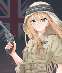 1girl absurdres ammunition_pouch artist_name belt blonde_hair blue_eyes breast_pocket brown_belt brown_jacket closed_mouth commentary flag_background gun handgun highres holding holding_gun holding_weapon jacket lanyard leochan1202 long_hair looking_at_viewer military military_uniform original pocket pouch revolver smile trigger_discipline union_jack upper_body weapon webley_revolver world_war_ii