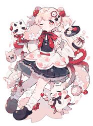 1girl ;3 absurdres apron black_dress black_shoes blush borrowed_character closed_mouth commentary_request commission cotono_(nazekun) double_bun dress flower frilled_skirt frills full_body hair_bun hair_flower hair_ornament highres long_hair long_sleeves looking_at_viewer one_eye_closed original pink_hair pleated_dress red_eyes shoes simple_background skeb_commission skirt smile socks solo watermark white_apron white_background white_socks