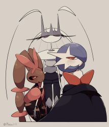 a-nya alternate_color animal_ears antennae artist_name black_dress black_gloves blue_hair blush bob_cut brown_fur colored_skin crossed_arms dress elbow_gloves gardevoir gen_3_pokemon gen_4_pokemon gen_7_pokemon gloves hair_over_one_eye long_hair lopunny mega_gardevoir mega_lopunny mega_pokemon multicolored_fur multicolored_skin nintendo orange_eyes pheromosa pink_eyes pokemon pokemon_(creature) purple_eyes rabbit_ears shiny_pokemon simple_background sweatdrop ultra_beast white_skin