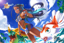 1girl alexi_ansell armlet belly_chain bike_shorts black_hair blue_eyes blue_eyeshadow breasts closed_mouth cloud commentary commentary_request dark-skinned_female dark_skin dated day drednaw dynamax_band english_commentary eyelashes eyeshadow fish floating_hair gen_1_pokemon gen_3_pokemon gen_8_pokemon gloves goldeen highres holding holding_poke_ball jewelry long_hair makeup medium_breasts mixed-language_commentary nessa_(pokemon) nintendo outdoors partially_fingerless_gloves pelipper poke_ball poke_ball_(basic) pokemon pokemon_(creature) pokemon_swsh signature single_glove sky smile sports_bra standing water