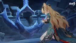 Rule 34 | 1girl, black sleeves, blonde hair, chinese clothes, closed mouth, full body, high heels, highres, honkai (series), honkai impact 3rd, long hair, nail polish, night, night sky, official art, outdoors, red nails, shoe soles, sitting, sky, solo, songque, songque (jovial deception: shadowdimmer), wariza, wavy hair