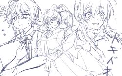 Rule 34 | 2girls, ahoge, chinese commentary, commentary request, dress, heart, heart hands, heart hands duo, highres, kanato04249580, koito yuu, long hair, long sleeves, monochrome, multiple girls, nanami touko, neck ribbon, open mouth, pinafore dress, recharging, ribbon, shirt, short hair, sketch, sleeveless, sleeveless dress, translation request, yagate kimi ni naru, yuri