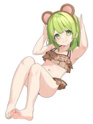 Rule 34 | 1girl, absurdres, animal ears, arms up, bare arms, bare legs, bare shoulders, barefoot, bear ears, bikini, brown bikini, closed mouth, dot nose, fake animal ears, feet, flat chest, frilled bikini, frills, full body, green eyes, green hair, highres, looking at viewer, morinaka kazaki, navel, nijisanji, nikuya mugi, smile, solo, stomach, swimsuit, thighs, white background