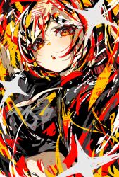 1girl :o black_jacket black_tank_top blonde_hair breasts burnice_white fingerless_gloves gloves highres jacket large_breasts long_hair looking_at_viewer nail_polish open_clothes open_jacket open_mouth orange_eyes pale_skin red_nails sanshoku_dango_(shukosuko) solo tank_top twintails upper_body zenless_zone_zero
