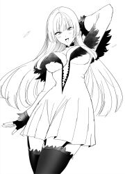 1girl bare_shoulders breasts clash_kuro_neko cleavage dress emilie_de_rochefort fingerless_gloves gloves highres large_breasts long_hair long_sleeves looking_at_viewer monochrome namco tekken tekken_8 thighhighs