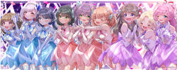 6+girls :d ^_^ absurdres anyoji_hime aurora_flower_(love_live!) bare_shoulders bead_hairband blue_eyes blue_hair blue_skirt blue_theme blunt_bangs blunt_ends blush border braid breasts brown_hair butterfly_hair_ornament cerise_bouquet closed_eyes closed_mouth clothing_cutout commentary_request cowboy_shot cross-laced_clothes cross-laced_top crying diagonal_bangs dollchestra feet_out_of_frame frown fujishima_megumi fukune_koko hair_intakes hair_ornament half-closed_eyes happy_tears highres hinoshita_kaho hug hug_from_behind kachimachi_kosuzu link!_like!_love_live! long_hair looking_ahead love_live! low_twintails medium_breasts medium_hair mira-cra_park! momose_ginko multicolored_hair multiple_girls murano_sayaka official_alternate_costume open_mouth orange_hair orange_thighhighs osawa_rurino otomune_kozue outside_border pink_border pink_eyes pink_hair pink_skirt ponytail purple_eyes purple_hair purple_skirt purple_thighhighs red_hair shirt short_hair short_sleeves shoulder_cutout side_braid sidelocks skirt smile streaked_hair tears teeth thighhighs twintails upper_teeth_only virtual_youtuber white_hair white_shirt yugiri_tsuzuri zettai_ryouiki