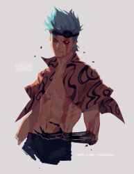 1boy abs bare_pectorals black_pants blood blood_on_face blue_hair clenched_teeth collared_shirt commentary cropped_legs cyborg debris english_commentary franky_(one_piece) glowing glowing_eye goggles goggles_on_head lower_eyelashes_only male_focus navel one_piece open_clothes open_shirt pants patterned_clothing pectorals popped_collar prosthesis prosthetic_arm shirt short_hair sideburns solo teeth terminator_(series) vonnabeee