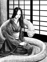 1girl black_hair black_kimono greyscale highres japanese_clothes kimono kneeling long_hair looking_at_viewer monochrome on_floor original sash sitting snake solo tp_p_pt white_sash