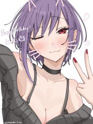 1girl bang_dream! bang_dream!_it&#039;s_mygo!!!!! blush breasts character_name cleavage closed_mouth commentary drawn_ears drawn_whiskers grey_shirt happy_birthday highres looking_at_viewer nagomu_7_56 nail_polish off-shoulder_shirt off_shoulder one_eye_closed pink_eyes purple_hair red_nails shirt short_hair simple_background solo v white_background yuutenji_nyamu