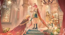 5girls bang_dream! bang_dream!_it&#039;s_mygo!!!!! black_footwear black_hair black_socks blue_shirt blue_skirt breasts brown_dress brown_hair brown_shirt cang_(akaga204) cape capelet chandelier chihaya_anon chinese_commentary closed_eyes commentary_request crown dress green_skirt grey_eyes grey_hair grey_jacket grey_skirt hanasakigawa_school_uniform hand_on_own_hip hand_up haneoka_school_uniform highres indoors jacket kaname_raana kneehighs kneeling loafers long_hair long_sleeves medium_breasts mole mole_under_eye multiple_girls mygo!!!!!_(bang_dream!) nagasaki_soyo neck_ribbon on_ground own_hands_together palace pink_hair plaid_clothes plaid_skirt pleated_dress pleated_skirt purple_eyes red_cape red_capelet red_ribbon ribbon sailor_collar sailor_dress school_uniform serafuku shiina_taki shirt shoes short_hair sidelocks sitting skirt socks stained_glass standing takamatsu_tomori throne tsukinomori_school_uniform white_hair white_sailor_collar