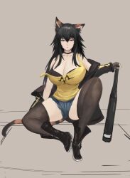 animal_ears bare_shoulders black_bra black_hair black_thighhighs bra breasts brown_eyes camisole cat_ears cat_girl cat_tail highres huge_breasts kotone kotone_inazuma long_hair narrow_waist short_shorts shorts tail thighhighs underwear vivid_dead