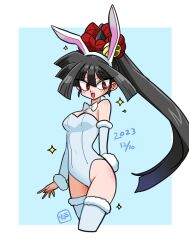 1girl animal_ear_hairband animal_ears arm_warmers artist_logo bell black_hair blue_background border bow bowtie breasts covered_navel dated fake_animal_ears fake_tail fur-trimmed_thighhighs fur_trim hair_bell hair_ornament hairband high_ponytail highres igami_ichika jingle_bell leotard logo long_hair looking_at_viewer nontraditional_playboy_bunny open_mouth outside_border ponytail rabbit_ear_hairband rabbit_ears rabbit_tail red_eyes simple_background small_breasts solo strapless strapless_leotard susume!_ashitabara_gakuen tail thighhighs wanta_(futoshi) white_border white_bow white_bowtie white_leotard white_thighhighs