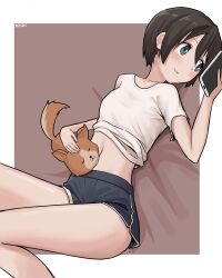 1girl absurdres akts625 artist_name bed_sheet black_hair blue_eyes blush breasts brown_background cellphone chikuwa_(yurucamp) closed_eyes clothes_lift collarbone commentary dog dolphin_shorts feet_out_of_frame hair_between_eyes highres holding holding_phone knees_up light_blush looking_at_phone navel outside_border petting phone romaji_commentary saitou_ena shirt shirt_lift short_hair short_shorts short_sleeves shorts signature small_breasts smartphone smile solo stomach t-shirt very_short_hair white_shirt yurucamp