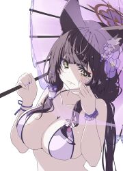 1girl animal_ear_fluff animal_ears bikini blue_archive blush breasts cleavage closed_mouth fox_girl highres holding holding_umbrella large_breasts matatabianko purple_nails smile solo swimsuit umbrella wakamo_(blue_archive) wakamo_(swimsuit)_(blue_archive) yellow_eyes