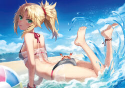 1girl :p ass bare_shoulders beach bikini black_bikini blonde_hair blue_sky blush braid breasts crab day fate/apocrypha fate/grand_order fate_(series) feet feet_up green_eyes hair_ornament hair_scrunchie half_up_braid highres legs long_hair looking_at_viewer medium_breasts mordred_(fate) outdoors parted_bangs ponytail red_scrunchie revision scrunchie side-tie_bikini_bottom sidelocks sky smile solo swimsuit thighs toes tonee tongue tongue_out