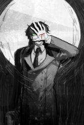 1boy black_coat black_hair black_necktie blood blood_on_hands coat collared_shirt covering_face green_eyes hand_up highres looking_at_viewer male_focus necktie one_eye_covered original partially_colored shirt short_hair solo spotlight spread_fingers white_shirt wuruko