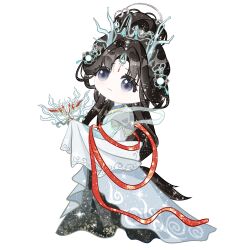Rule 34 | 1girl, absurdly long hair, absurdres, black eyes, black hair, blue horns, capelet, chinese clothes, closed mouth, clouded loong (infinity nikki), deformed, dragon horns, dragon mask, eyelashes, full body, grey capelet, hagoromo, hair bun, hair ornament, half updo, hanfu, happy, highres, holding, holding mask, horns, infinity nikki, light blush, light particles, long hair, long sleeves, looking ahead, low-tied long hair, mask, nikki (series), parted bangs, shawl, simple background, single hair bun, sleeves past fingers, sleeves past wrists, smile, solo, sparkle, standing, tareme, translucent horns, very long hair, white background, white hanfu, white mask, wide sleeves, yunjian, zhizhizhizhizhizong