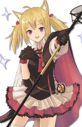 1girl :d ahoge animal_ear_fluff animal_ears arknights black_gloves blonde_hair bolo_tie cape chain commentary_request cowboy_shot gloves hand_on_own_chest highres holding looking_at_viewer one-hour_drawing_challenge open_mouth pink_cape piroropepon red_eyes short_hair smile solo sora_(arknights) sparkle standing teeth twintails upper_teeth_only white_background