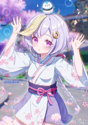 1girl abeimaochidiaole absurdres alternate_costume animal animal_on_head bird bird_on_head braid braided_ponytail breasts coin_hair_ornament floral_print floral_print_kimono genshin_impact hair_between_eyes hair_ornament highres japanese_clothes kimono long_sleeves medium_hair ofuda on_head pink_eyes print_kimono purple_hair qiqi_(genshin_impact) short_hair single_braid small_breasts solo white_kimono