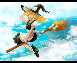 1girl absurdres blonde_hair bobby_socks bow braid broom broom_riding commentary_request day frilled_skirt frills full_body hair_bow hand_on_headwear hat hat_bow highres kirisame_marisa long_hair looking_back mary_janes mountain open_mouth outdoors shoes short_sleeves side_braid skirt skirt_set sky smile socks solo touhou witch witch_hat yellow_eyes yunnemoto