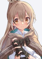 Rule 34 | 1girl, blush, brown cloak, brown corset, cloak, corset, crossed bangs, feather hair ornament, feathers, fingernails, gloves, grey background, hair ornament, hairclip, hand on own wrist, hieroglyphics, highres, hololive, hololive english, long hair, looking at viewer, multicolored hair, nanashi mumei, nanashi mumei (1st costume), noorukumi, partially fingerless gloves, ponytail, portrait, shirt, smile, solo, streaked hair, very long hair, virtual youtuber, white shirt