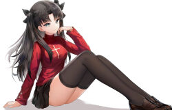 1girl absurdres black_hair black_shoes black_skirt black_thighhighs blue_eyes breasts cross cross_print er_san_si fate/stay_night fate_(series) full_body hair_ribbon highres looking_at_viewer medium_breasts miniskirt pleated_skirt red_sweater ribbon shoes simple_background sitting skirt solo sweater thighhighs tohsaka_rin two_side_up white_background zettai_ryouiki