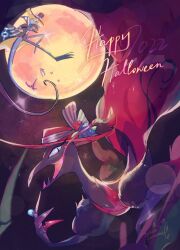 1girl 1other black_skin blue_skin cape clothed_pokemon colored_skin dress forked_tongue full_moon furry furry_female game_freak gen_7_pokemon gen_8_pokemon happy_halloween hat inteleon jewelry lizard_tail lying moon night night_sky nintendo open_mouth outdoors pokemon pokemon_(creature) purple_eyes red_dress red_hat reptile_girl ring salazzle sky sun_hat tail tongue top_hat zaber_(littlesuzume)