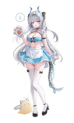1girl absurdres alternate_costume animal_hands apron arm_strap azur_lane bare_shoulders black_bow black_choker black_shoes blue_eyes blue_skirt bow bow_legwear breasts choker cleavage crop_top fleur-de-lis frills full_body gloves grey_hair high_heels highres hini_ni horns long_hair looking_at_viewer manjuu_(azur_lane) medium_breasts midriff miniskirt navel open_mouth paw_gloves shoes simple_background single_glove skindentation skirt sleeveless smile solo spaghetti_strap spoken_sweatdrop standing suffren_(azur_lane) sweatdrop tail thighhighs thighs two_side_up very_long_hair waist_apron white_apron white_background white_gloves white_thighhighs wrist_cuffs zettai_ryouiki