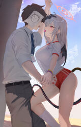 1boy 1girl black_tail black_wings blue_archive braid breasts buruma commentary demon_tail demon_wings doodle_sensei_(blue_archive) eyewear_on_head grabbing_another&#039;s_arm grey_hair gym_shirt gym_uniform halo haruna_(blue_archive) highres i_ruru kneehighs large_breasts long_hair outdoors red_buruma red_eyes red_halo see-through_silhouette sensei_(blue_archive) shirt short_sleeves side_braid socks sunglasses tail white_socks wings wristband