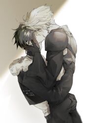 Rule 34 | 2boys, armor, belt, blurry, closed eyes, clothes lift, cloud strife, cropped jacket, dated, depth of field, earrings, final fantasy, final fantasy vii, final fantasy viii, from side, fur-trimmed jacket, fur trim, gloves, greyscale, hand on another&#039;s ass, hand on another&#039;s back, hand on another&#039;s neck, highres, hug, jacket, jewelry, kiss, lily (shio1006), long sleeves, male focus, monochrome, multiple boys, necklace, pants, pauldrons, shirt, shirt lift, short hair, shoulder armor, signature, spiked hair, squall leonhart, translation request, upper body, vest, wide sleeves, yaoi