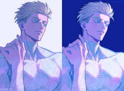 1boy @_(symbol) aqua_eyes blonde_hair blue_background blue_theme bodysuit character_name closed_mouth colored_eyelashes firepok looking_to_the_side male_focus millions_knives multiple_views muscular muscular_male recurring_image short_hair sketch spiked_hair trigun trigun_stampede undercut white_background white_bodysuit