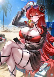 1girl absurdres alternate_costume arm_up azur_lane beach black_horns breasts cleavage crossed_legs cup curled_horns day drinking_straw eyewear_on_head feet_out_of_frame highres hindenburg_(azur_lane) holding holding_phone horns large_breasts long_hair long_sleeves looking_at_viewer outdoors phone pointy_ears red_eyes red_hair see-through_clothes sitting skindentation sunglasses tansuan_(ensj3875) thighs very_long_hair