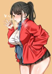 1girl absurdres black_eyes black_hair black_skirt blue_ribbon breasts bright_pupils commentary_request cowboy_shot fellatio_gesture food_in_mouth girlfriend_(yoru_mac) hand_in_pocket hand_up heart highres jacket large_breasts long_hair looking_at_viewer miniskirt neck_ribbon open_clothes open_jacket orange_background pleated_skirt ponytail red_jacket ribbon school_uniform shirt simple_background skirt solo white_pupils white_shirt woo_(woosan) yoru_mac