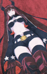 Rule 34 | 1girl, black gold saw, black rock shooter, black thighhighs, blunt bangs, brown hair, dutch angle, highres, horns, jacket, jean (jean sp), looking at viewer, open clothes, open jacket, red background, red eyes, short shorts, shorts, solo, thighhighs