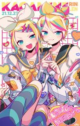 &gt;:) 1boy 1girl :3 :d aqua_eyes aqua_hair black_sailor_collar black_shorts blonde_hair bow bow_hairband braid character_name decora english_text fangs grey_sailor_collar hair_between_eyes hairband half_up_braid headset heart heart-shaped_pupils highres jacket kagamine_len kagamine_rin leg_warmers long_sleeves looking_at_viewer microphone multicolored_hair neon_palette nokodaru_marin open_mouth orange_nails parted_bangs pink_hair ponytail sailor_collar sailor_shirt shirt short_hair short_ponytail short_shorts shorts sleeveless sleeveless_shirt smile steamroller_sticker sticker streaked_hair symbol-shaped_pupils v-shaped_eyebrows vocaloid white_bow white_jacket yellow_nails