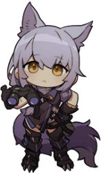 1girl animal_ears arknights artist_request binoculars black_footwear black_gloves black_shirt clawed_boots deformed fold-over_boots from_above full_body gloves hand_on_own_hip large_tail light_frown looking_at_viewer lowres medium_hair no_nose official_art provence_(arknights) shirt solo tail transparent_background wolf_ears wolf_girl wolf_tail yellow_eyes