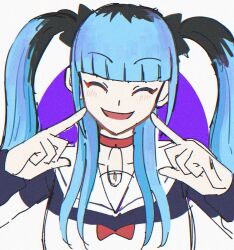 1girl amemiya_darumi black_hair blue_hair blush collar collarbone female_focus hands_up long_hair long_sleeves multicolored_hair open_mouth purple_background safety_pin shirt simple_background solo solo_focus striped_clothes striped_shirt the_hundred_line_-last_defense_academy- twintails white_background