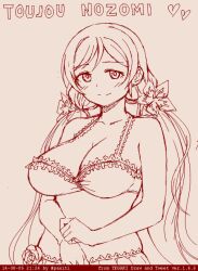 1girl bare_shoulders bikini blush breasts character_name cleavage closed_mouth collarbone commentary dated flower frilled_bikini frills hair_flower hair_ornament hashtag-only_commentary heart large_breasts looking_at_viewer love_live! love_live!_school_idol_project low_twintails pas_(paxiti) red_theme smile solo split_mouth swimsuit tegaki_draw_and_tweet tojo_nozomi twintails twitter_username