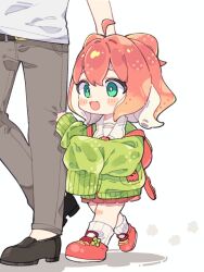 1boy 1girl :3 :d ahoge backpack bag black_shoes blush_stickers cardigan character_request child clara_(vrchat) clothes_grab commentary_request copyright_request full_body green_cardigan green_eyes grey_pants highres long_sleeves notamaru_2 open_mouth out_of_frame pants pleated_skirt red_hair red_shoes red_skirt ribbed_socks shoes short_hair simple_background skirt smile socks walking white_background white_socks