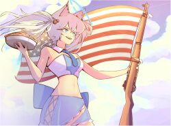 Rule 34 | 1girl, 4th of july, american flag, animal ears, apple pie, blue eyes, crop top, food, fox ears, fox girl, gun, highres, indie virtual youtuber, kirsche verstahl, m1 garand, midriff, necktie, pie, rifle, skirt, tuna fan68, virtual youtuber, weapon, white hair
