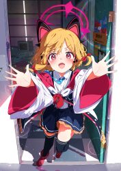 1girl :3 absurdres animal_ear_headphones animal_ears blonde_hair blue_archive blue_necktie blue_thighhighs blush boots bow cat_ear_headphones chair checkered_floor collared_shirt computer curtains day door dress_shirt fake_animal_ears floor_tiles frilled_skirt frills full_body hair_between_eyes hair_bow halo happy head_tilt headphones highres hug indoors jacket light_particles long_hair looking_at_viewer momoi_(blue_archive) monitor necktie off_shoulder open_mouth pink_boots pink_bow pink_eyes pleated_skirt red_bow school_uniform shirt sidelocks skirt smile solo spice_mega suspender_skirt suspenders teeth thighhighs upper_teeth_only wall white_shirt wide_sleeves window