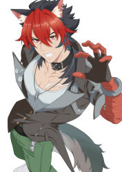 1boy animal_ears bandaged_arm bandages black_choker black_jacket cargo_pants choker dog_boy ear_piercing fingerless_gloves gloves jacket jewelry komano_manato large_pectorals looking_at_viewer multicolored_hair multiple_scars muscular muscular_male necklace pants pectorals piercing red_eyes scar scar_on_face shirt short_hair sizuka1299494 solo tail white_shirt zenless_zone_zero