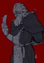1boy ahamma arm_behind_back capelet cowboy_shot elden_ring elden_ring:_shadow_of_the_erdtree greyscale_with_colored_background hand_up helm helmet holding holding_paper male_focus paper red_background robe simple_background sir_ansbach solo standing