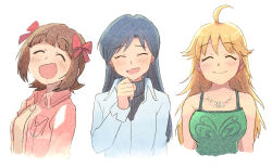 3girls ahoge amami_haruka blonde_hair blue_hair blush bow brown_hair character_name closed_eyes closed_mouth collarbone collared_shirt cropped_torso facing_viewer green_tank_top hair_bow hand_up highres hoshii_miki idolmaster idolmaster_(classic) idolmaster_1 jacket jewelry kisaragi_chihaya long_hair long_sleeves multiple_girls necklace open_clothes open_jacket open_mouth pink_jacket red_bow shirt short_hair simple_background smile tank_top tsubobot white_background