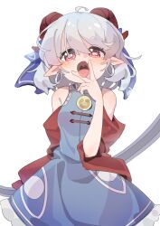 1girl absurdres ahoge bare_shoulders blue_dress blue_ribbon blush breasts curly_hair detached_sleeves dress earrings eye_print fang gumingdi_ban hair_between_eyes highres hoop_earrings horizontal_pupils horn_ornament horn_ribbon horns jewelry looking_at_viewer meandros open_mouth patterned_clothing pointy_ears rectangular_pupils red_eyes red_horns red_sleeves ribbon sheep_horns short_hair silver_earrings simple_background skin_fang solo tongue tongue_out touhou toutetsu_yuuma v v_over_mouth white_background white_hair