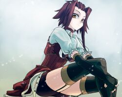 Rule 34 | 1girl, black gloves, black thighhighs, elbow gloves, gloves, izayoi aki, looking at viewer, nonoji (nonoji1215), panties, red hair, ribbed panties, ribbed sleeves, ribbed sweater, ribbed thighhighs, short hair, solo, sweater, thigh strap, thighhighs, underwear, yu-gi-oh!, yu-gi-oh! 5d&#039;s