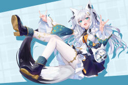 1girl ahoge animal_ear_fluff animal_ears apron bag blush boots braid breasts commentary_request detached_sleeves double_fox_shadow_puppet earrings fox_ears fox_girl fox_shadow_puppet fox_tail green_eyes hair_between_eyes hair_ornament highres hololive jewelry legs long_hair looking_at_viewer maid_apron open_mouth outstretched_arms panties pentagram qiaogun_damodao shirakami_fubuki shirakami_fubuki_(8th_costume) shoulder_bag sidelocks single_braid small_breasts solo tail thigh_strap two_side_up underwear virtual_youtuber white_hair white_panties