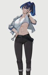 1girl abs absurdres alternate_costume belt black_belt black_boots black_pants blue_eyes blue_hair boots bracelet breasts cleavage closed_mouth clothes_lift commentary denim denim_jacket dirty dirty_face dirty_hands ear_chain earrings eipanguino english_commentary fanny_pack feet_out_of_frame hair_between_eyes hair_intakes hand_on_own_hip head_tilt highres holding holding_wrench hololive hololive_english jacket jeans jewelry lace-up_boots large_breasts lifting_own_clothes muscular muscular_female navel no_bra one_eye_closed open_clothes open_jacket ouro_kronii pants pants_rolled_up ponytail shirt shirt_lift simple_background sleeves_rolled_up solo standing sweat underboob v-neck virtual_youtuber white_background white_shirt wiping_face wrench