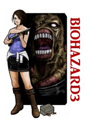 1boy 1girl ammunition_box black_skirt blue_tube_top boots brown_boots brown_hair clothes_around_waist copyright_name finger_on_trigger gun holding holding_gun holding_weapon ironu_love25 jill_valentine nemesis_(resident_evil) resident_evil resident_evil_3:_nemesis short_hair shotgun skirt stitched_face stitches strapless sweater sweater_around_waist tube_top weapon